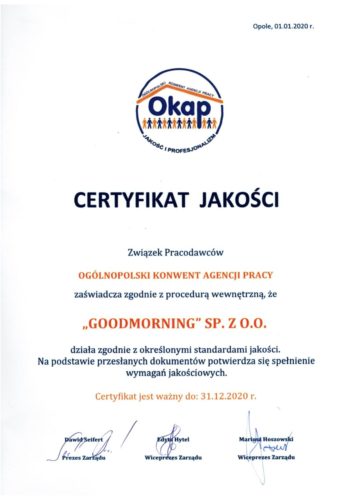 Certyfikat Jakości Okap